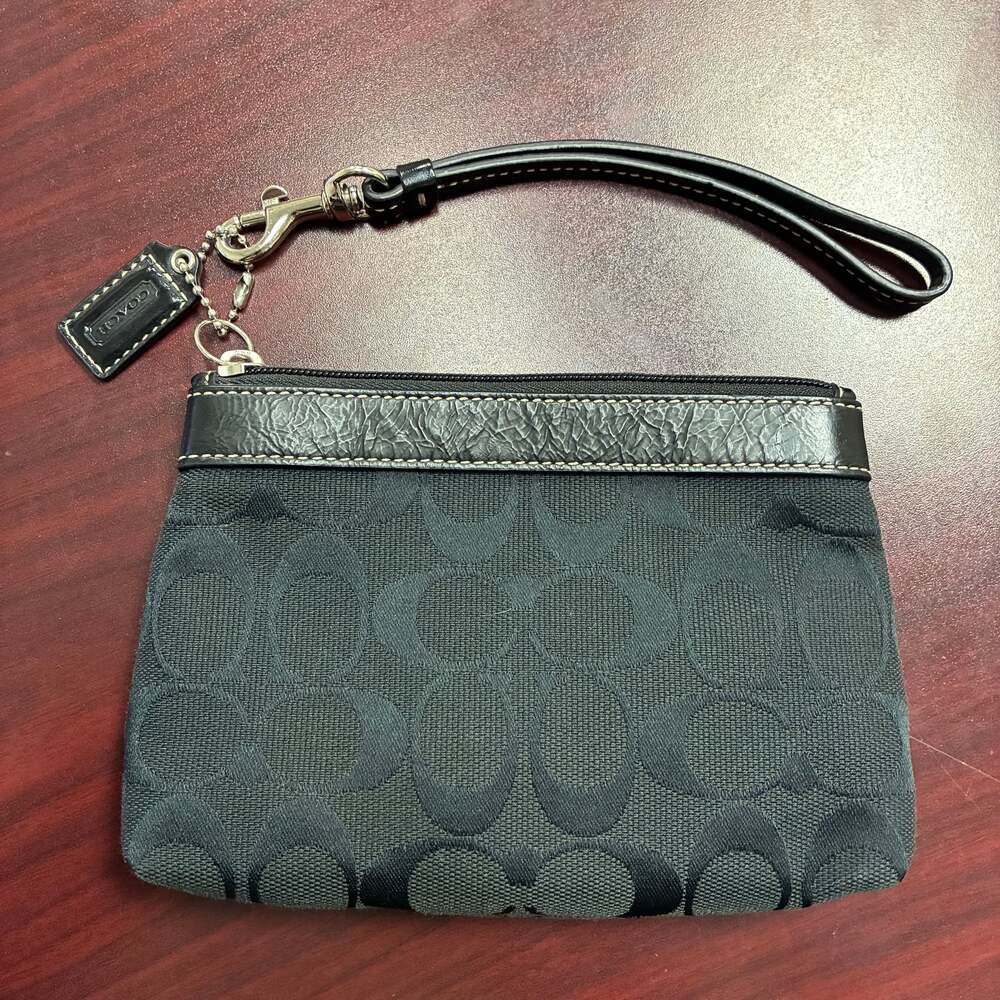 COACH Signature C Logo Black Canvas Leather Trim Pleated Wristlet